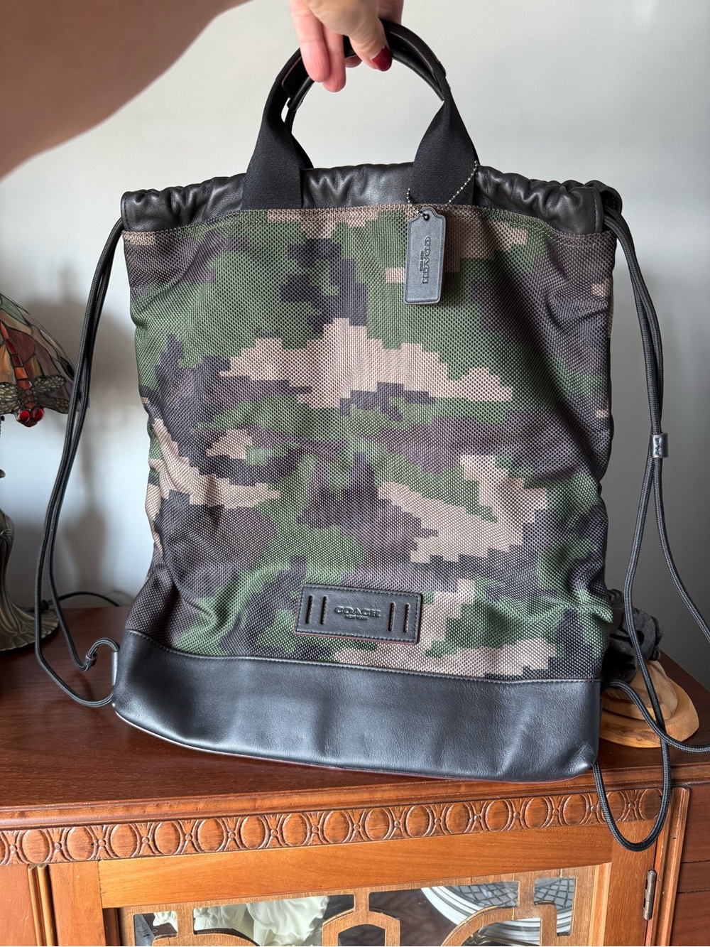 Coach Men's Camo Drawstring Backpack - Green/Brown/Black